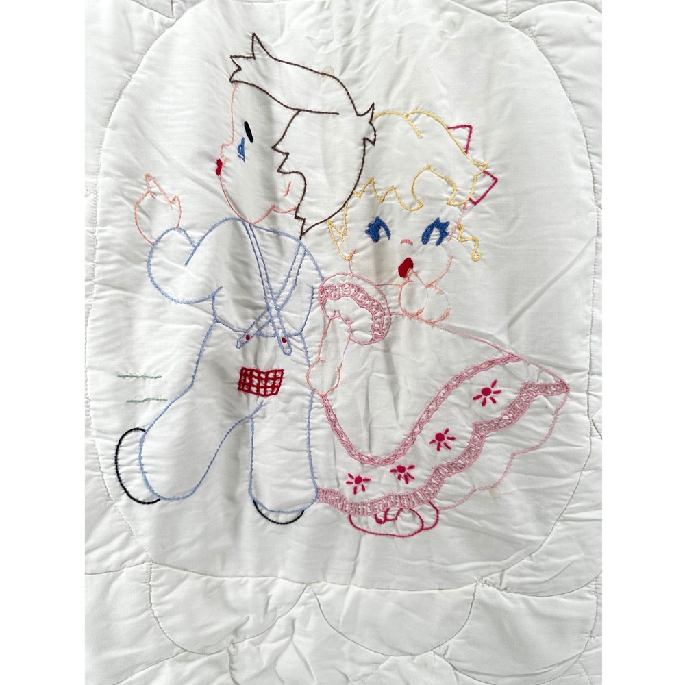 Vintage Hand Embroidered Baby Quilt White Satin Trim Boy Girl Nursery Blanket